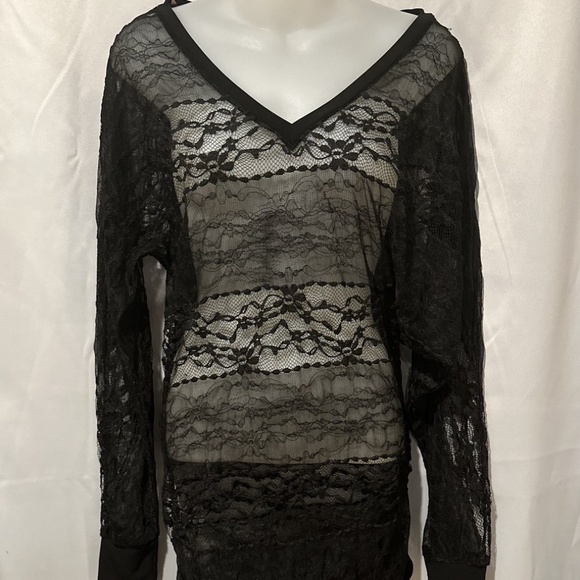 Sheer Black Lace Goth Mini Dress Tunic Top Y2K Batwing Sleeves Asymetrical Hem - Picture 1 of 7